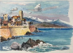 French Watercolor of Antibes Coastline with Fortified Walls and Mountains