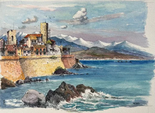 French Watercolor of Antibes Coastline with Fortified Walls and Mountains