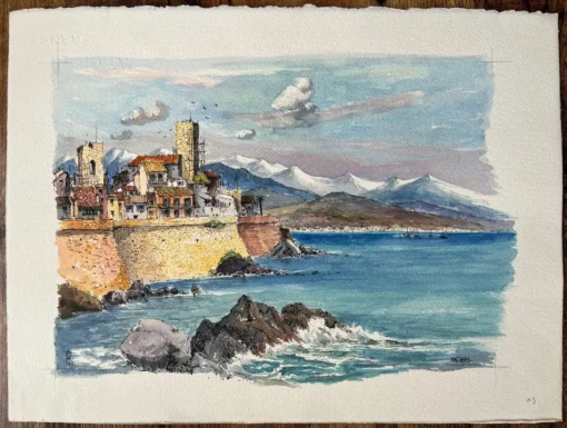 French Watercolor of Antibes Coastline with Fortified Walls and Mountains - Image 2