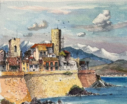 French Watercolor of Antibes Coastline with Fortified Walls and Mountains - Image 4