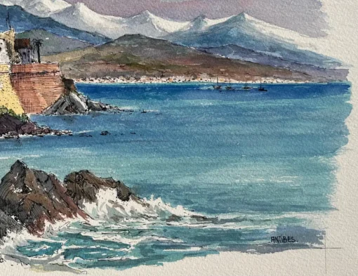 French Watercolor of Antibes Coastline with Fortified Walls and Mountains - Image 5