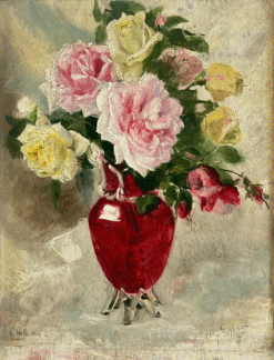 French 19th Century Impressionist Oil Painting Pink & Yellow Roses in Red Vase