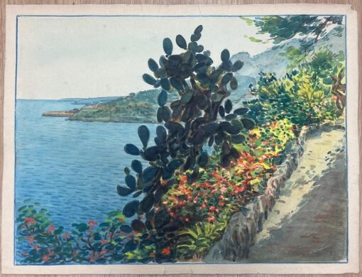 Sunlit Coastal Path in Monaco with Vibrant Cactus and Blooming Flowers Painting - Image 2