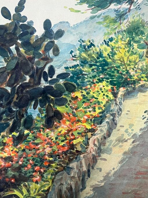 Sunlit Coastal Path in Monaco with Vibrant Cactus and Blooming Flowers Painting - Image 3