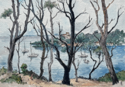 French Watercolor of La Baie de Port-Cros in Provence with Sailing Boats