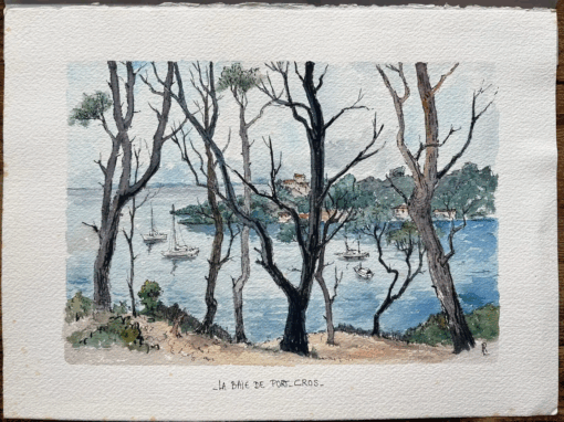 French Watercolor of La Baie de Port-Cros in Provence with Sailing Boats - Image 2