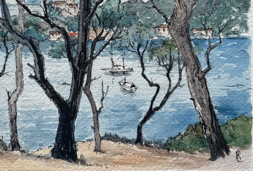 French Watercolor of La Baie de Port-Cros in Provence with Sailing Boats - Image 4