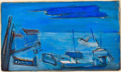 1950's French Modernist Signed Oil on Canvas Boats in a Blue Harbor Coastal View - Image 2