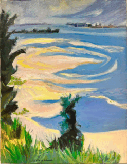 French Contemporary Modernist Oil Beautiful Coastal Inlet Sandy Beach