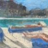 French Modernist Oil Painting of Sunlit Poolside Scene with Figures Sunbathing