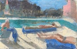 French Modernist Oil Painting of Sunlit Poolside Scene with Figures Sunbathing