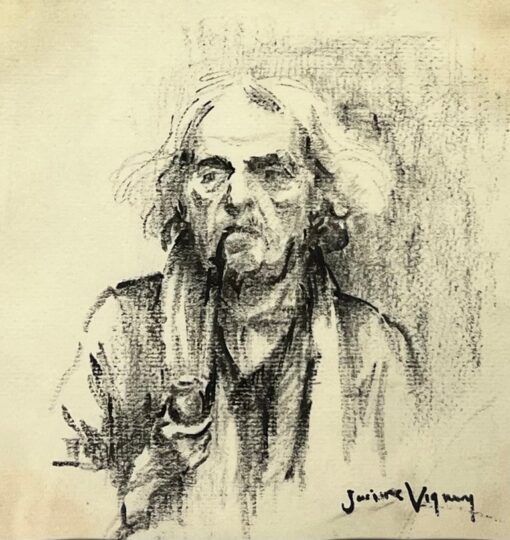 French Charcoal Portrait of an Elderly Man Smoking a Pipe Drawing - Image 2