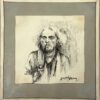 French Charcoal Portrait of an Elderly Man Smoking a Pipe Drawing