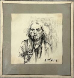 French Charcoal Portrait of an Elderly Man Smoking a Pipe Drawing