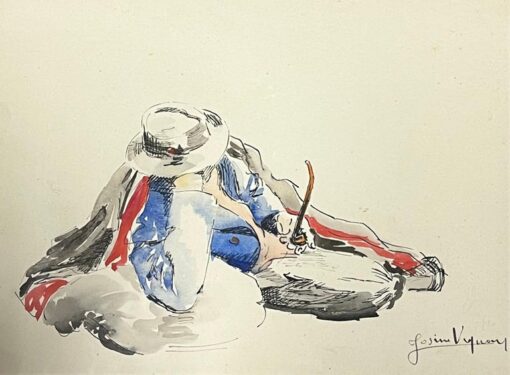 Mid Century French Portrait Reclining Man With a Pipe Watercolour Study - Image 2
