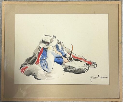 Mid Century French Portrait Reclining Man With a Pipe Watercolour Study