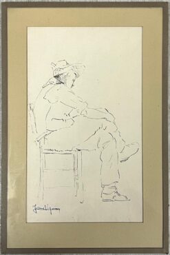 Mid Century French Portrait Drawing of a Seated Man in Thought