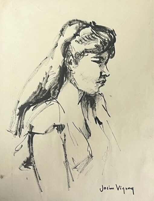 Mid Century French Charcoal Portrait of a Woman in Profile - Image 2
