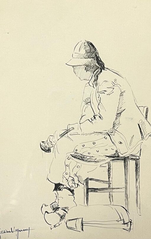 Mid Century French Portrait Seated Figures with Hat and Loose Shirt - Image 2