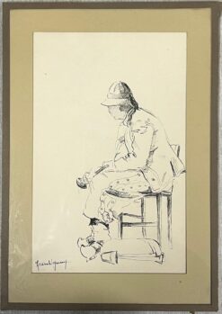 Mid Century French Portrait Seated Figures with Hat and Loose Shirt