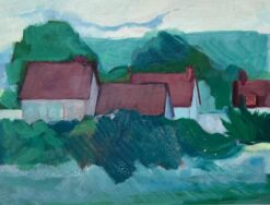 Countryside Landscape with Red Roofed Cottages and Rolling Hills