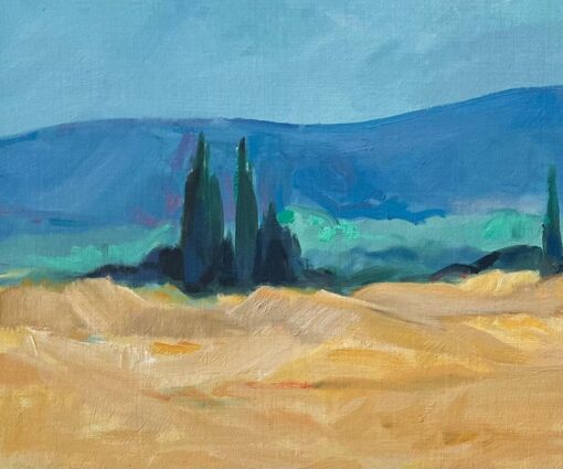 Original Oil Painting of Sunlit Wheat Fields with Cypress Trees - Image 3