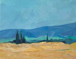 Original Oil Painting of Sunlit Wheat Fields with Cypress Trees