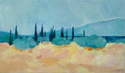 Original Oil Painting of Mediterranean Landscape with Cypress Trees