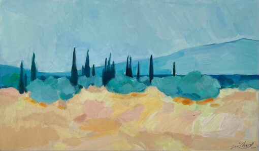 Original Oil Painting of Mediterranean Landscape with Cypress Trees