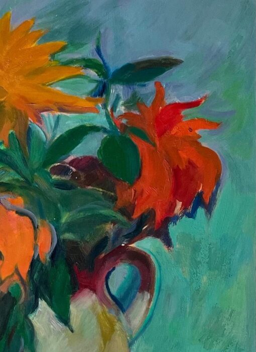 Oil Painting of Vibrant Still Life of Sunflowers and Orange Blooms in a Jug - Image 5