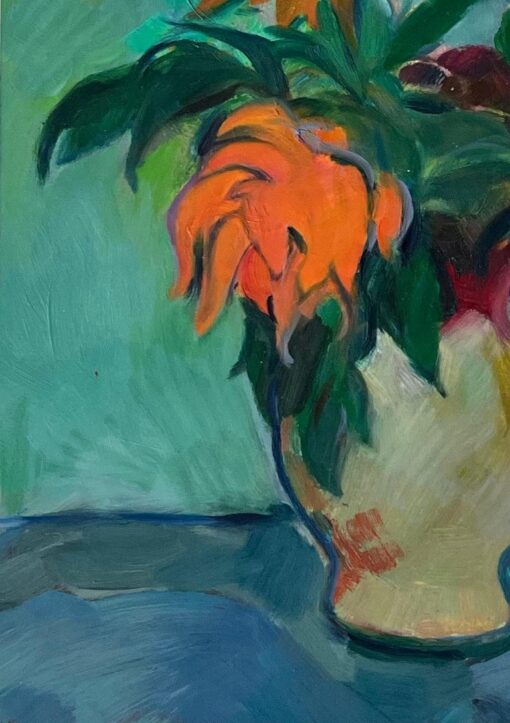 Oil Painting of Vibrant Still Life of Sunflowers and Orange Blooms in a Jug - Image 7