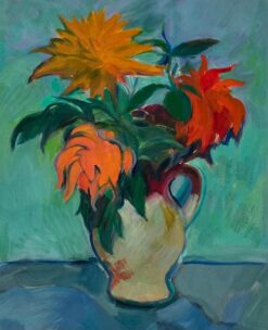 Oil Painting of Vibrant Still Life of Sunflowers and Orange Blooms in a Jug