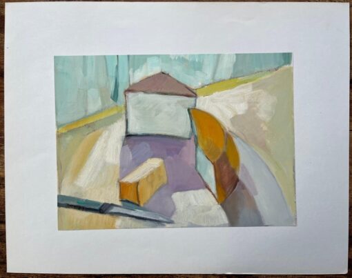 Original Oil Abstract Still Life with Cheese Slices and Knife - Image 3