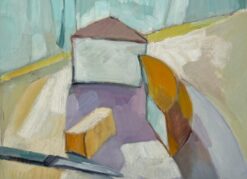 Original Oil Abstract Still Life with Cheese Slices and Knife