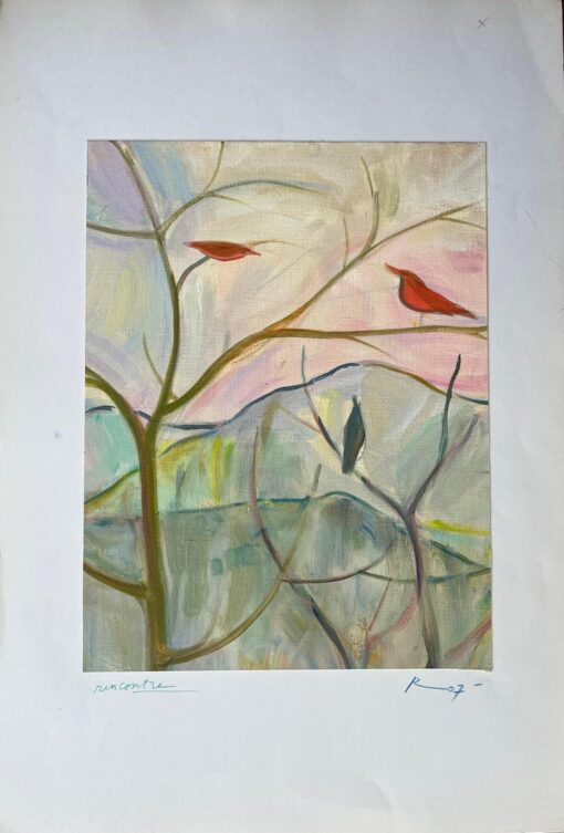 Original Oil Abstract Landscape with Birds on Branches at Sunrise - Image 2