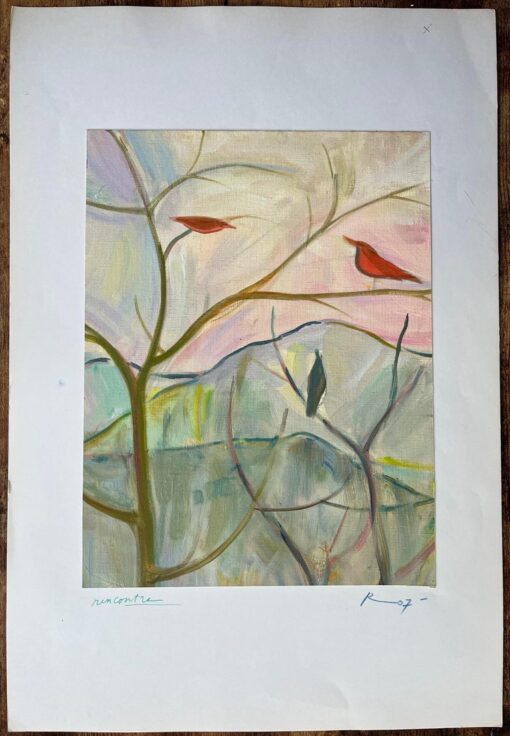 Original Oil Abstract Landscape with Birds on Branches at Sunrise - Image 3
