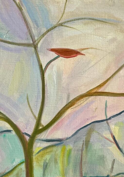 Original Oil Abstract Landscape with Birds on Branches at Sunrise - Image 4