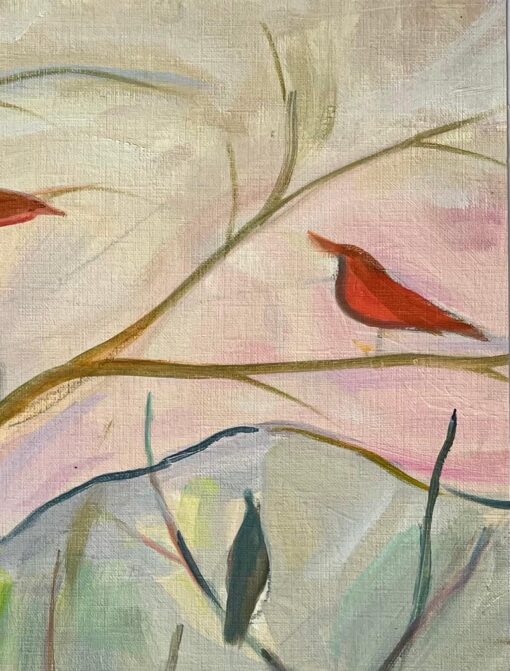 Original Oil Abstract Landscape with Birds on Branches at Sunrise - Image 5