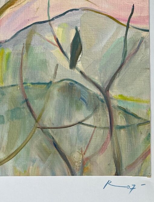Original Oil Abstract Landscape with Birds on Branches at Sunrise - Image 6