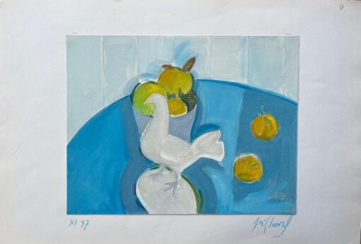 Original Oil Abstract Still Life with Dove and Fruit Bowl on a Blue Table - Image 2