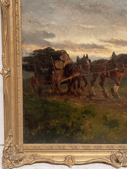 The Logging Team Horses Pulling Timber Cart Large Antique English Oil Painting - Image 4