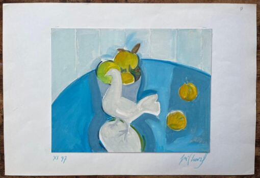 Original Oil Abstract Still Life with Dove and Fruit Bowl on a Blue Table - Image 3