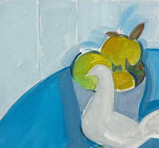 Original Oil Abstract Still Life with Dove and Fruit Bowl on a Blue Table - Image 4