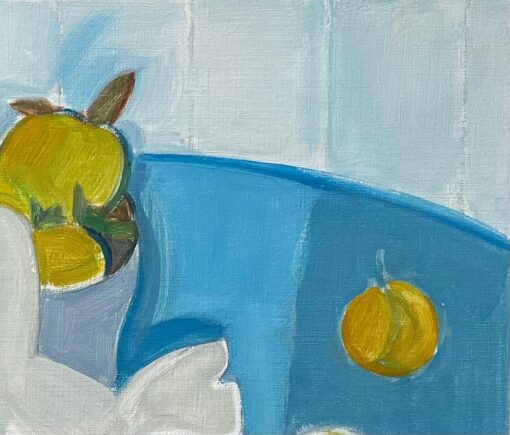 Original Oil Abstract Still Life with Dove and Fruit Bowl on a Blue Table - Image 5