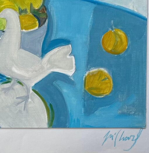 Original Oil Abstract Still Life with Dove and Fruit Bowl on a Blue Table - Image 7