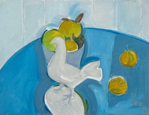 Original Oil Abstract Still Life with Dove and Fruit Bowl on a Blue Table