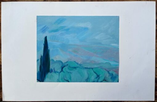Original Oil Painting of Serene Landscape with Cypress Tree and Rolling Hills - Image 3