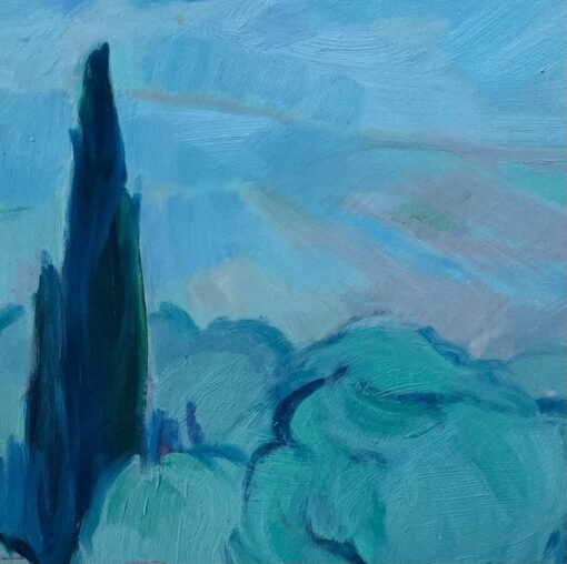 Original Oil Painting of Serene Landscape with Cypress Tree and Rolling Hills - Image 4