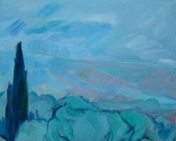 Original Oil Painting of Serene Landscape with Cypress Tree and Rolling Hills
