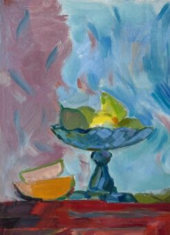 Original Oil Painting of Vibrant Still Life with Fruit Bowl and Sliced Fruit